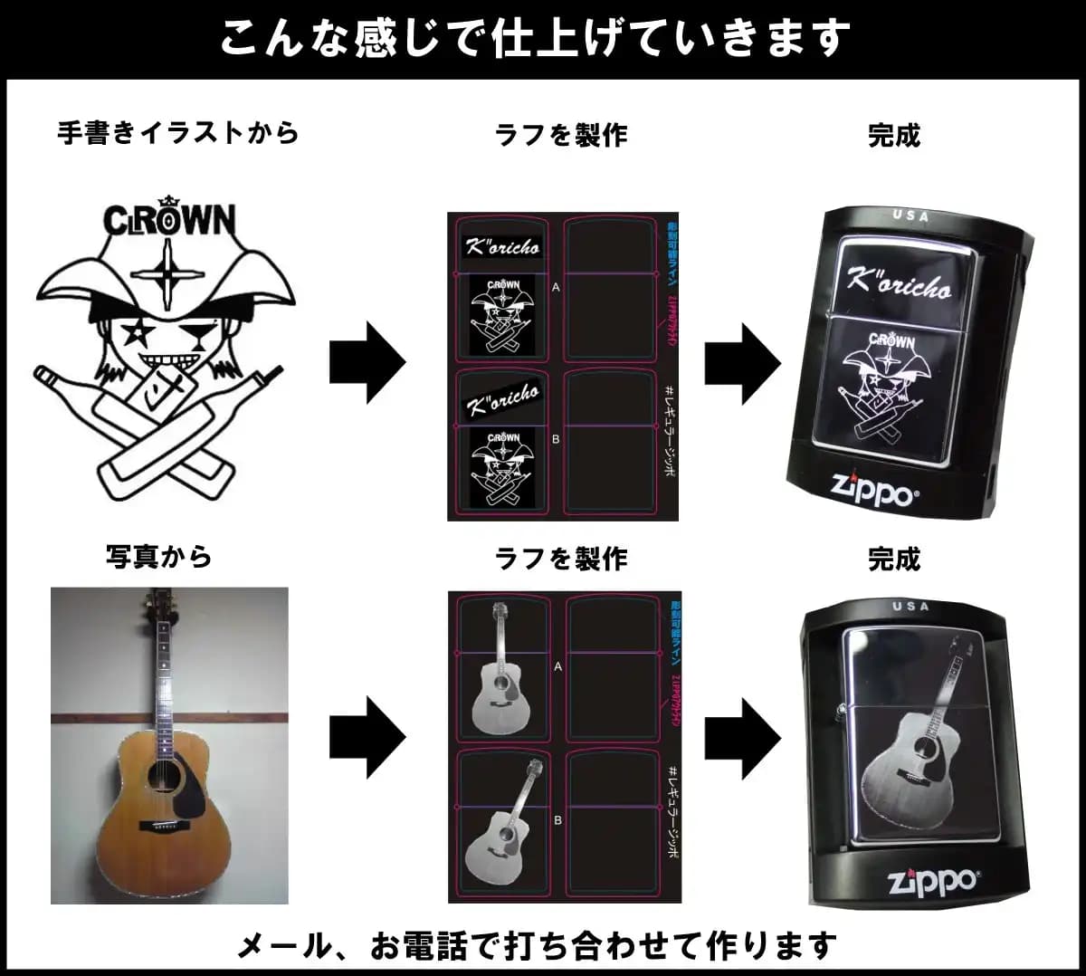 手書きイラストや写真からラフを作り、完成したZippoに仕上げるまでの製作の流れ