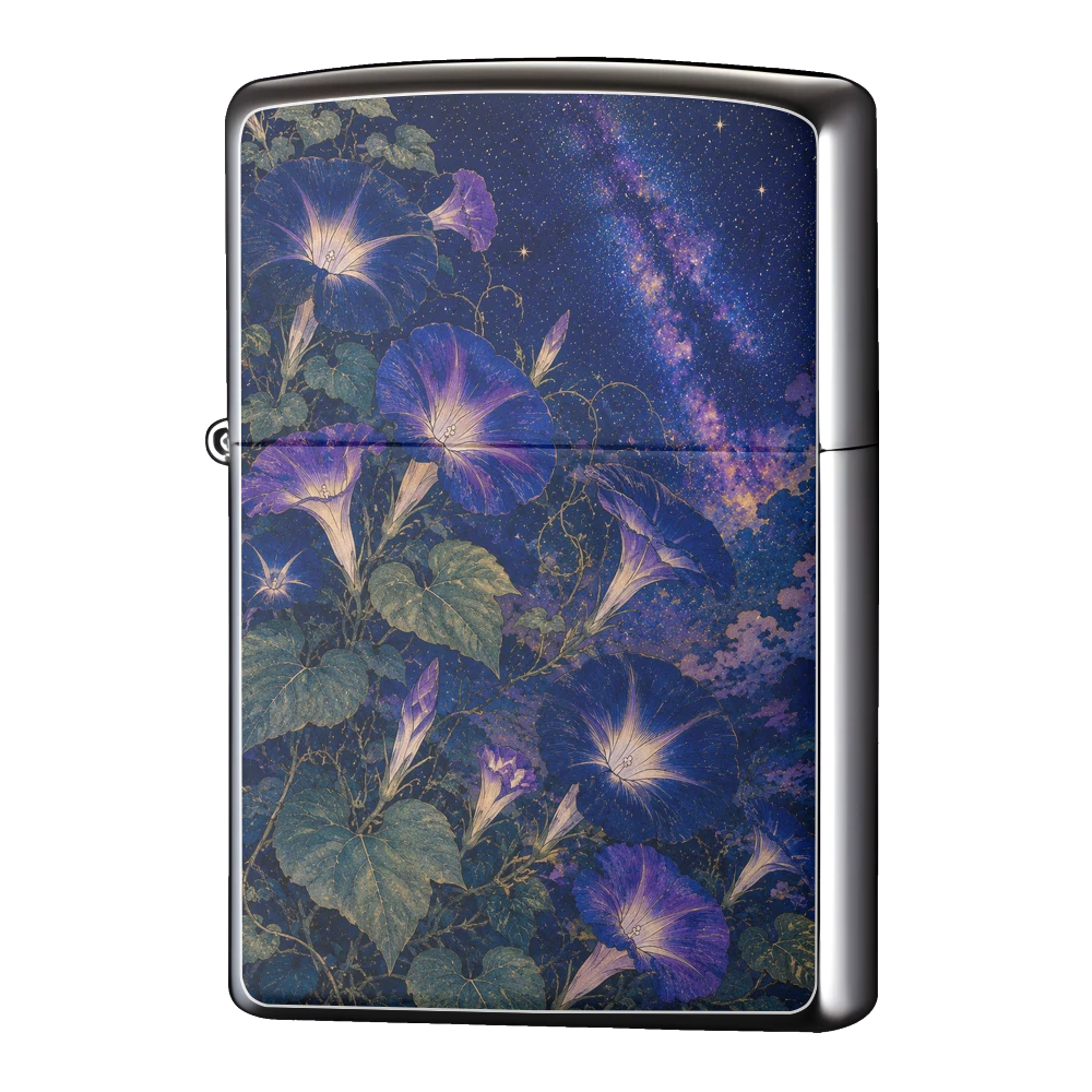 オリジナルZIPPO（ジッポー）ライター製作｜朝顔と七夕の夜（牽牛花・夏の和花・天の川） 表面