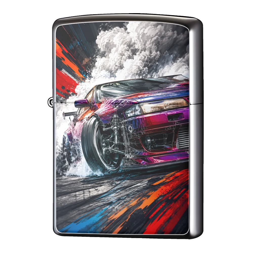 オリジナルZIPPO(ジッポー)ライター製作|プラモ箱絵風ドリフトカーイラスト(タイヤスモークを纏うドリフトマシン)