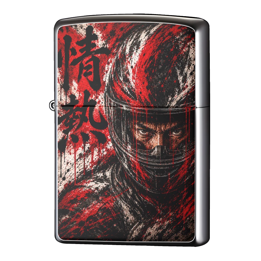 オリジナルZIPPO(ジッポー)ライター製作|ライダーポートレート・インクスプラッター("情熱"文字入りヘルメット越しの肖像)