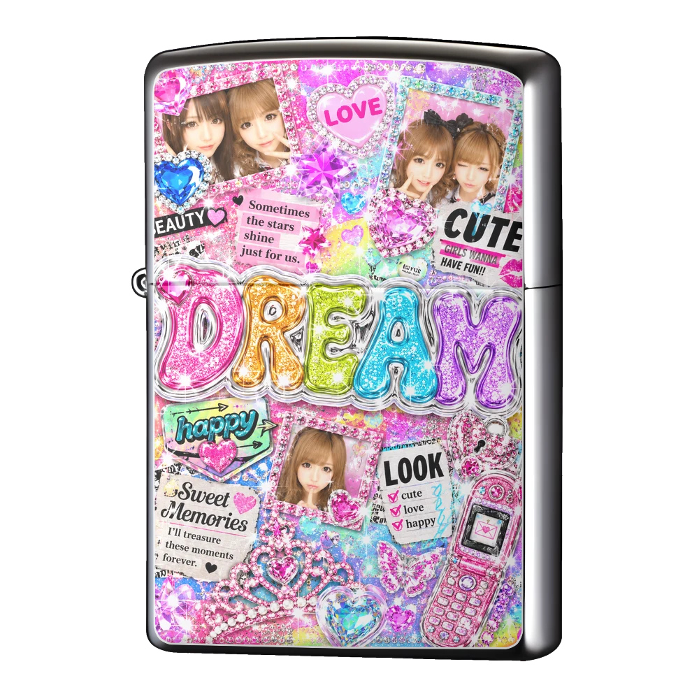 オリジナルZIPPO(ジッポー)ライター製作|Y2Kプリクラフレームコラージュ(DREAM文字入りキラキラ枠貼り)
