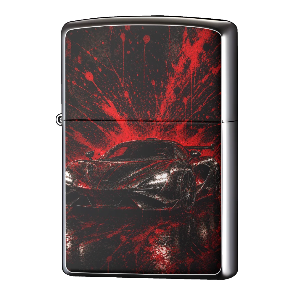 オリジナルZIPPO(ジッポー)ライター製作|ブラック&レッド・スーパーカーポスター(漆黒の高性能車×赤い飛沫)